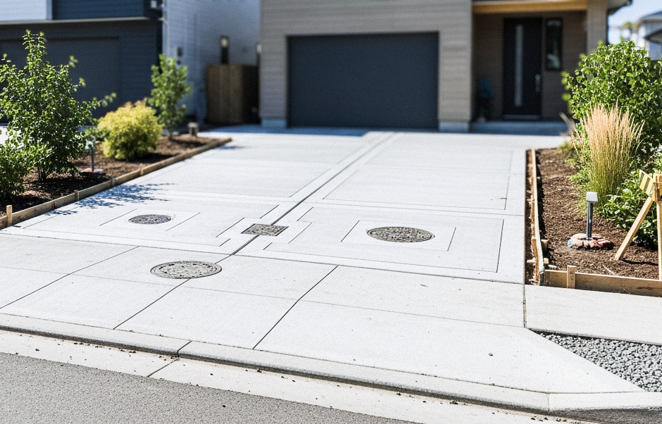 モダンな住宅のコンクリート駐車場と植栽のある外構