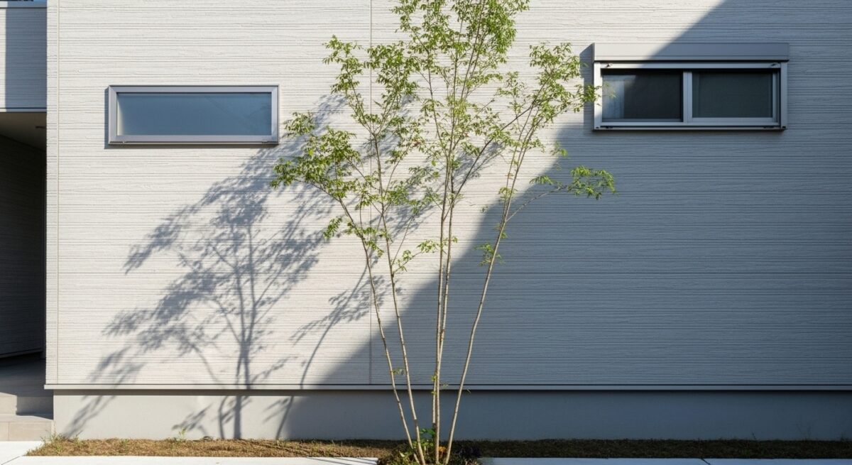 モダンな住宅外壁の前に植えられたアオダモの株立ち