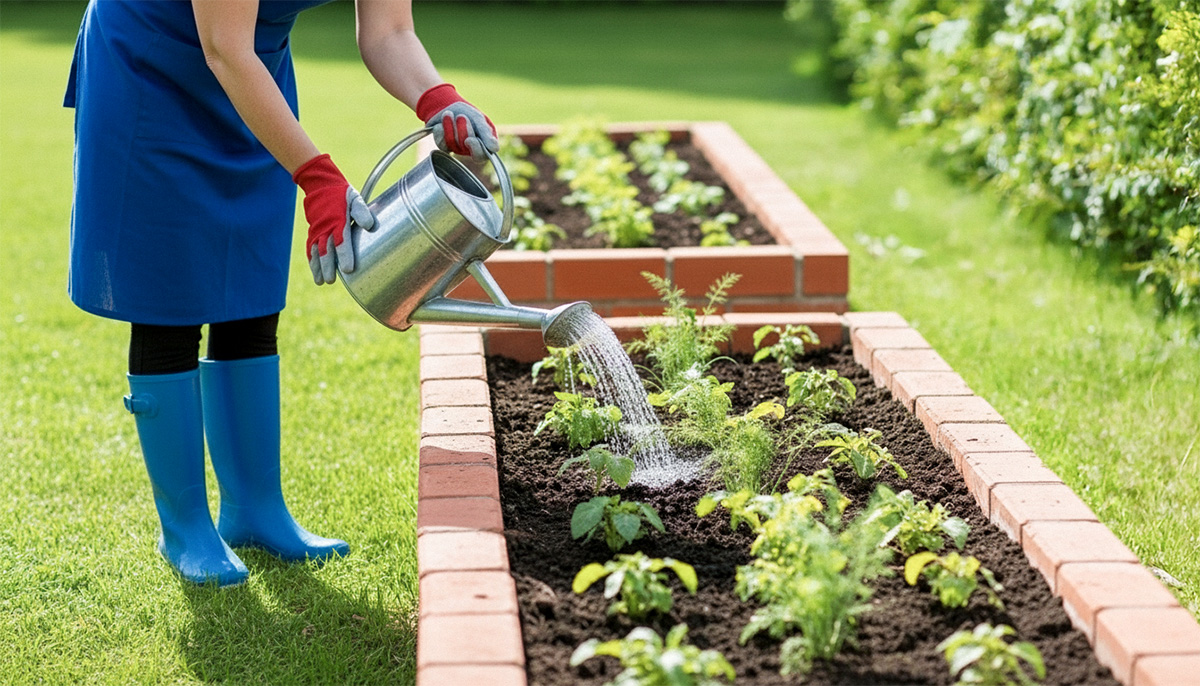 青いエプロンと長靴を着用してレンガ花壇の野菜に水やりをする様子
