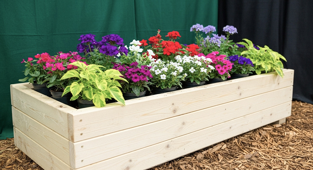 DIYで作った木製プランターボックスにカラフルな花を植えた完成例