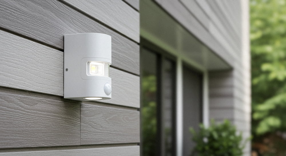 モダンな住宅外壁に設置された人感センサー付きLED照明