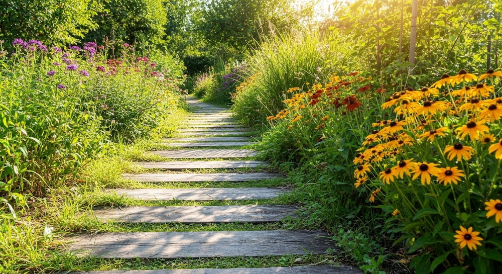 枕木を使った庭の小道と両側に咲く色とりどりの花々