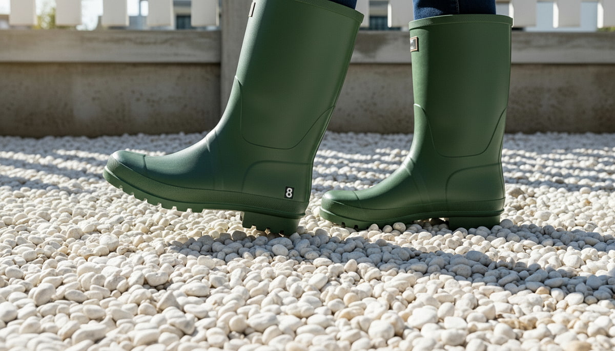 緑色の長靴で白と灰色の防犯砂利を踏む様子