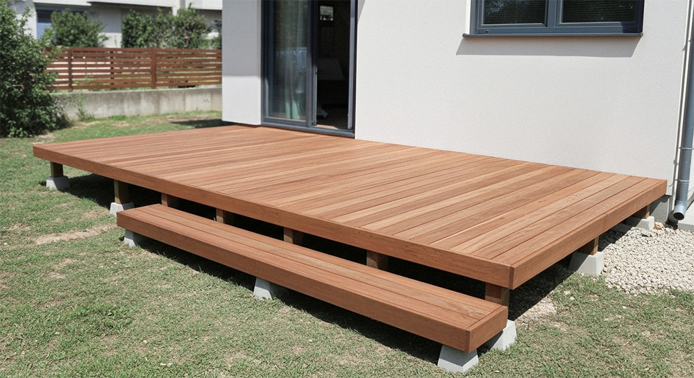 住宅の掃き出し窓前に設置された小規模なウッドデッキ