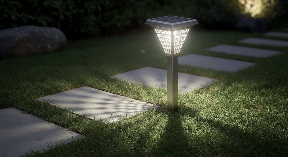 夜の庭を照らすソーラー式ガーデンライト
