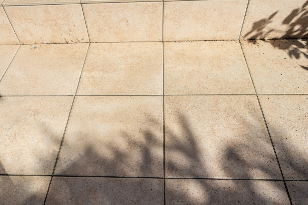 ベージュ系の大判タイルを使用したテラスの床面と植栽の影