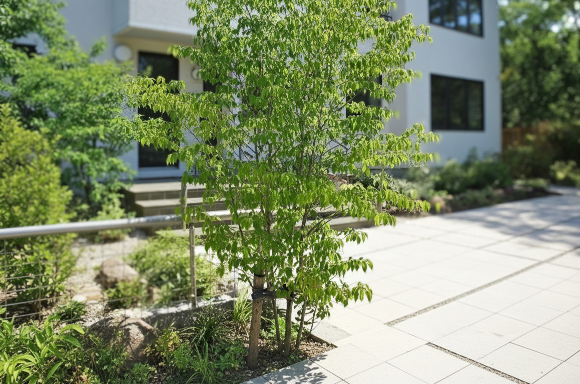 玄関アプローチに植えられたヤマボウシの木と石張りの外構デザイン