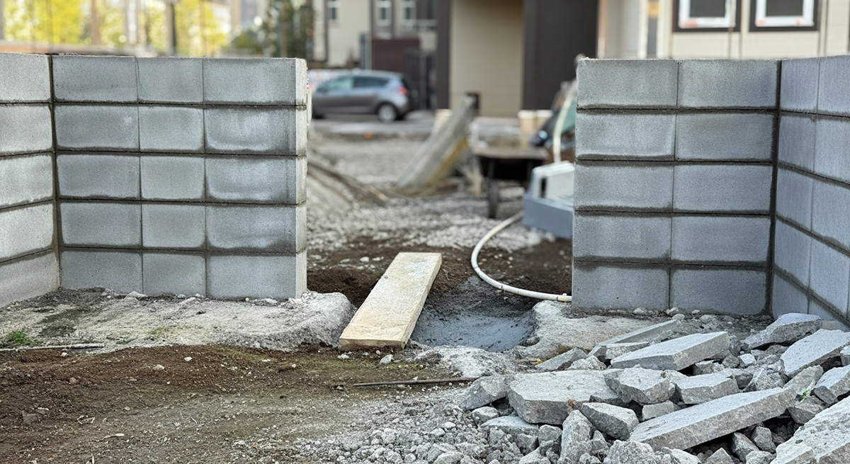 ブロック塀の撤去工事現場、古いブロック塀を解体して新しい外構に改修する補助金対象工事の様子