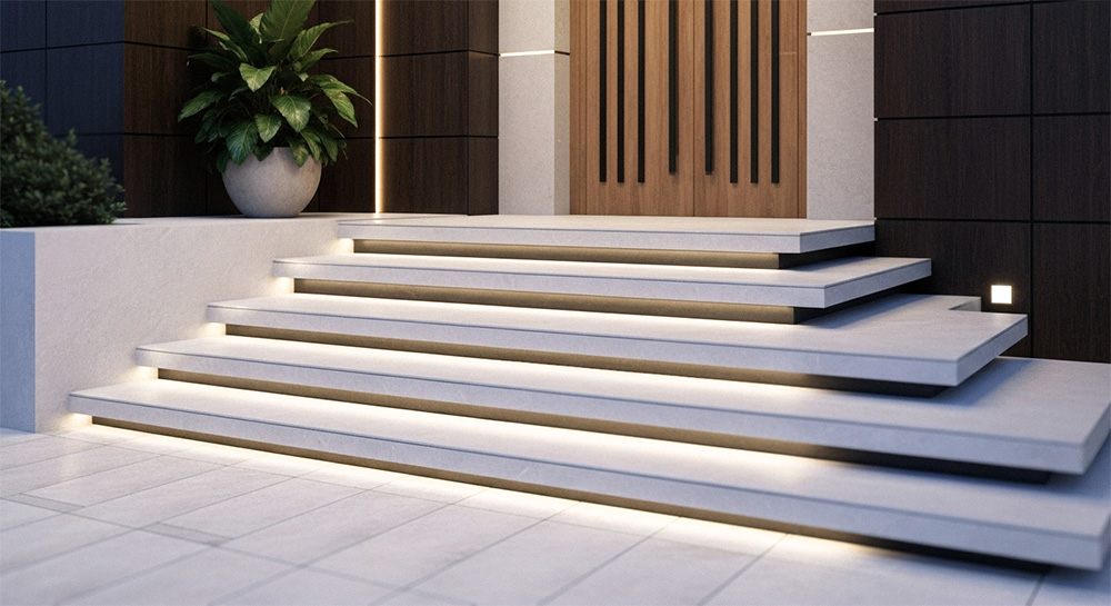 ホテルライクな玄関アプローチ、大判の白い石材階段に間接照明が組み込まれ、高級感のある木製門扉と黒い外壁タイルが調和したモダンなエントランス