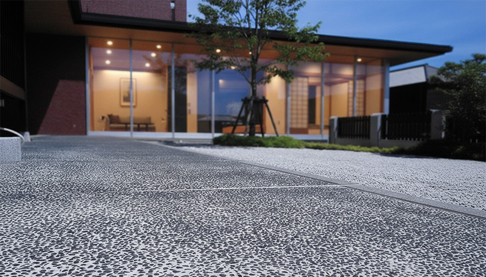 和モダンスタイルの玄関アプローチ、洗い出し仕上げの美しい石畳模様、夕暮れ時の照明が映える現代和風住宅のエントランス