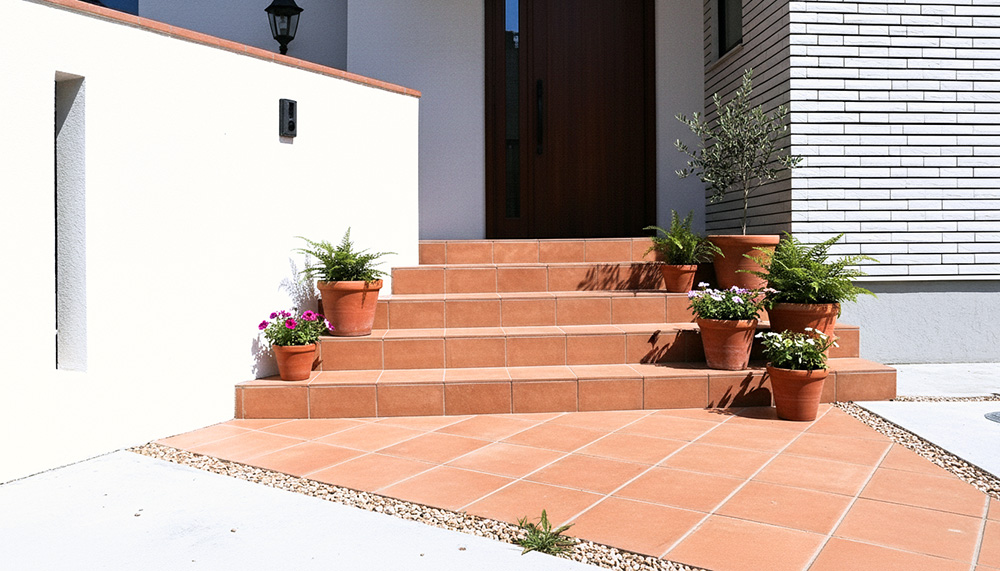 南欧リゾートスタイルの玄関アプローチ、温かみのあるテラコッタタイルの階段と床、素焼きの鉢植えが並ぶ地中海風エントランス