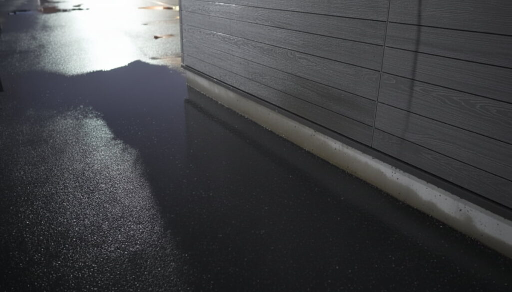 駐車場の水たまりと排水不良の様子、アスファルト面に溜まった水が凍結リスクを示す冬の駐車場点検ポイント