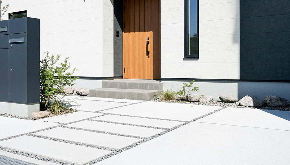 シンプルモダンスタイルの玄関アプローチ、白い大判タイルとグレー砂利の目地、モノトーンで統一されたミニマルなエントランスデザイン