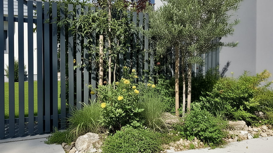 黒いフェンスと緑の植栽を組み合わせたモダンな外構デザイン