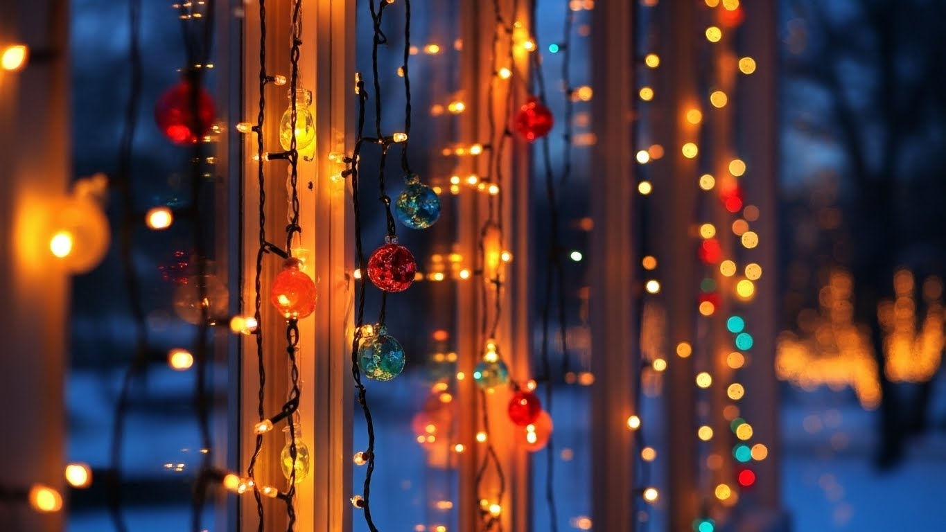 フェンスに飾られたカラフルなLEDイルミネーション。赤・青・黄色のボール型ライトが夕暮れの庭を華やかに彩る