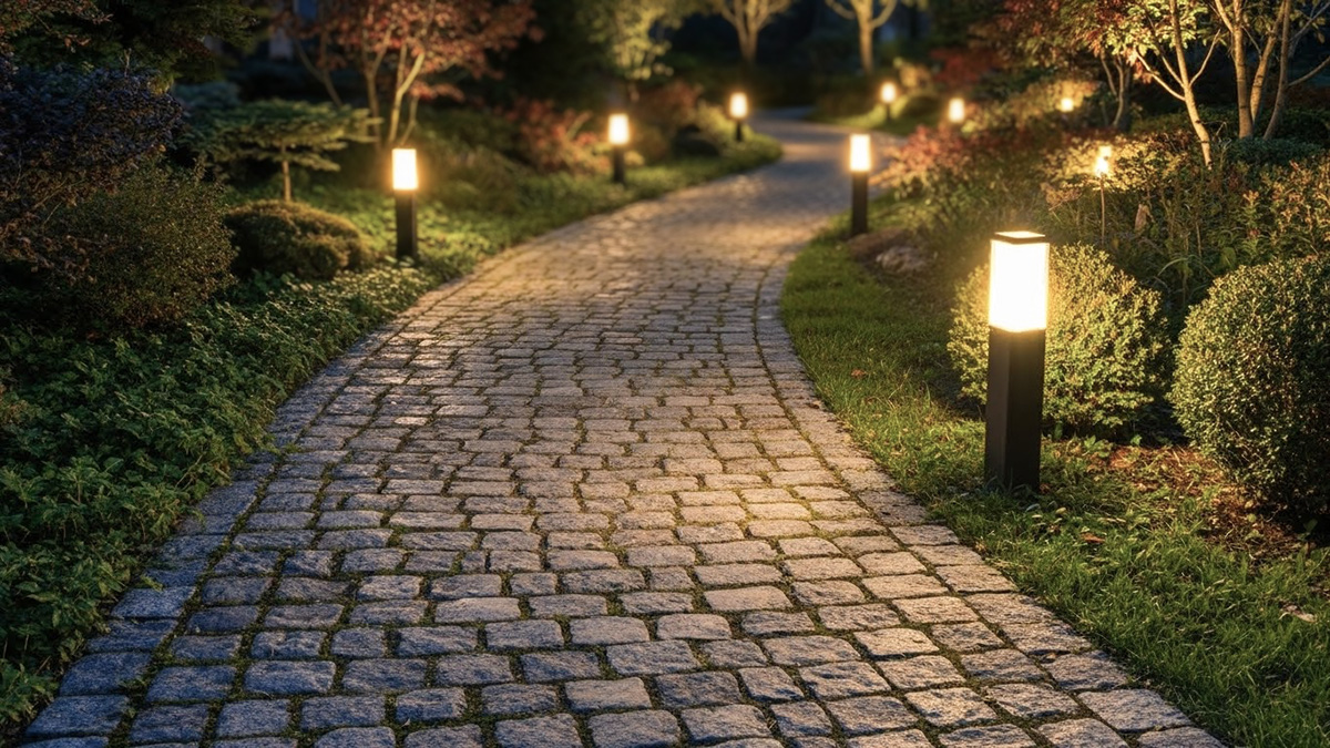 夜の庭を照らす外構照明。石畳のアプローチに沿ったポールライトと植栽を照らすガーデンライトが美しい