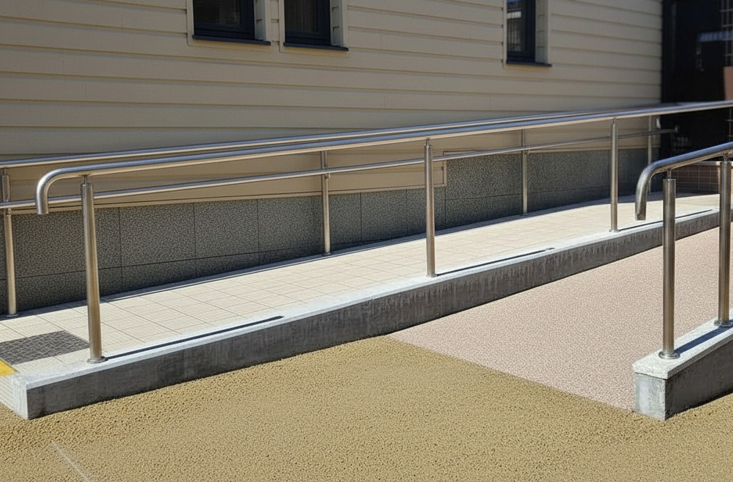 緩やかな勾配のスロープと両側に設置されたステンレス手すり