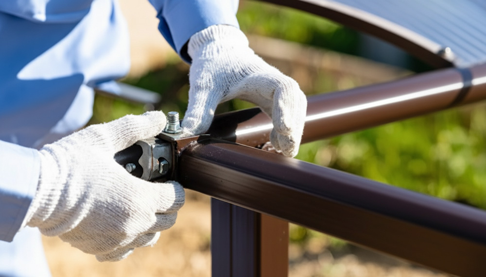 作業用手袋を着用しカーポートのボルトをレンチで増し締めするDIYメンテナンス作業