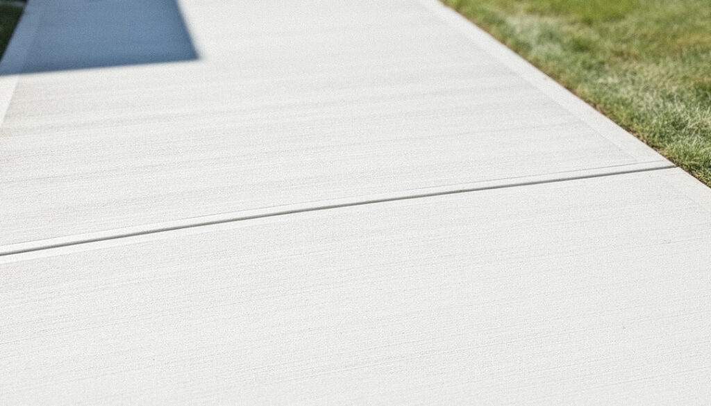 コンクリート刷毛引き仕上げの玄関アプローチ｜滑りにくい表面加工と芝生の外構