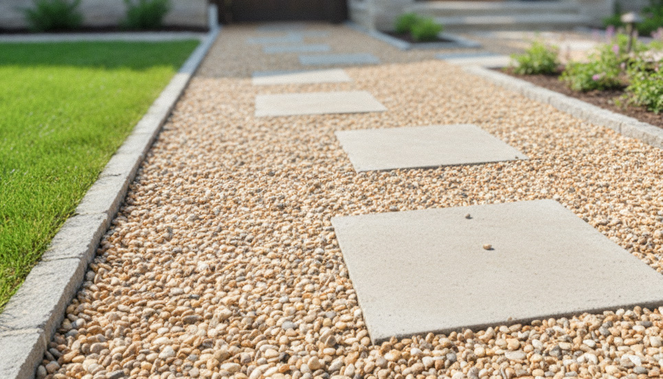 砂利敷きの玄関アプローチ｜化粧砂利と飛び石を組み合わせた外構デザイン