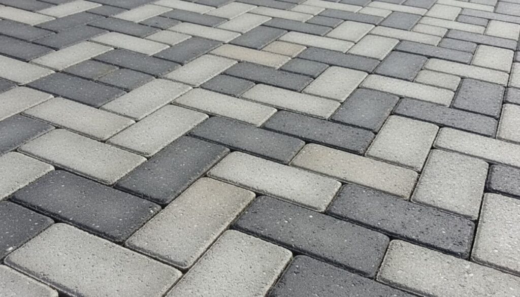 インターロッキングブロックの施工例｜グレー系ヘリンボーン柄の玄関アプローチ