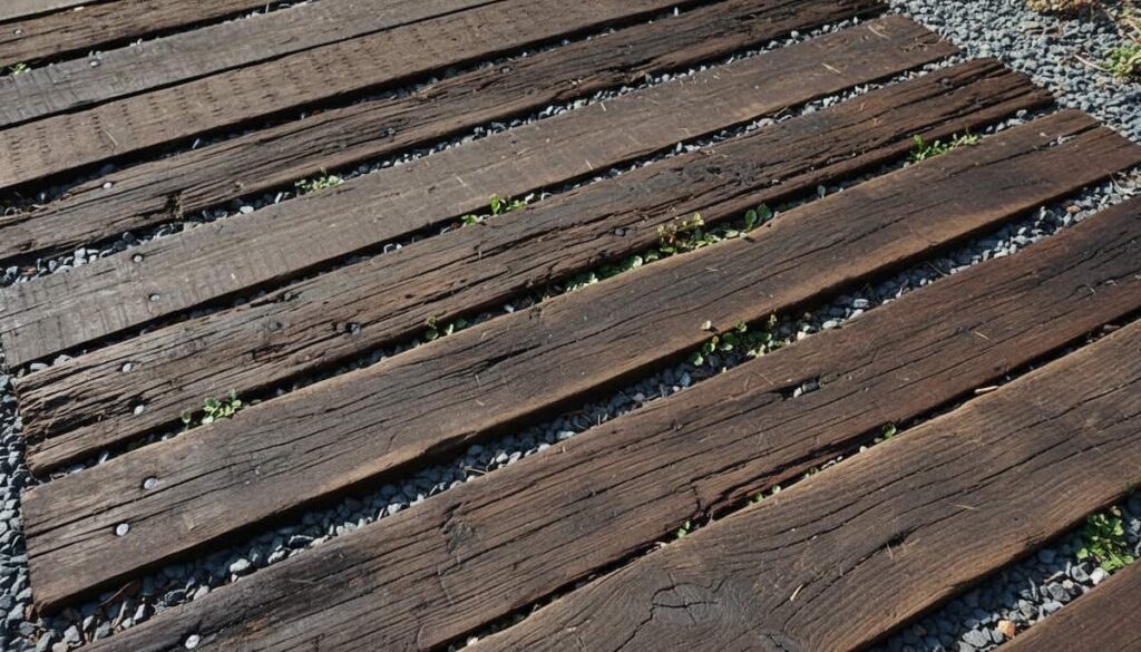 枕木アプローチの施工例｜ダークブラウンの枕木と砂利を組み合わせたナチュラルな外構