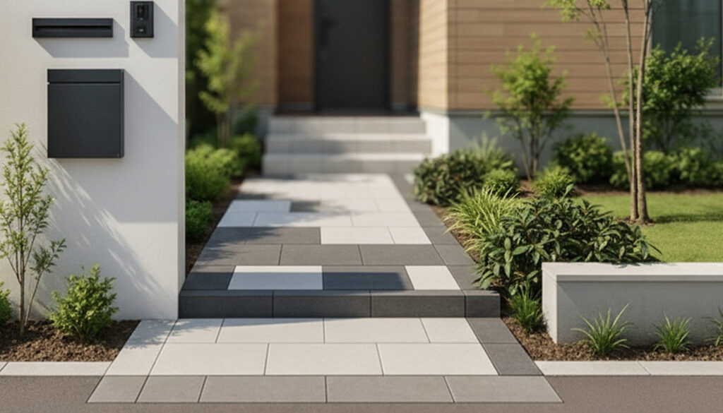 玄関アプローチのタイル施工例｜グレー系モダンタイルと植栽を組み合わせた外構