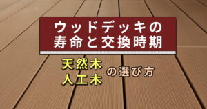 人工木ウッドデッキの床面アップ。寿命と交換時期、素材選びを解説する記事のアイキャッチ
