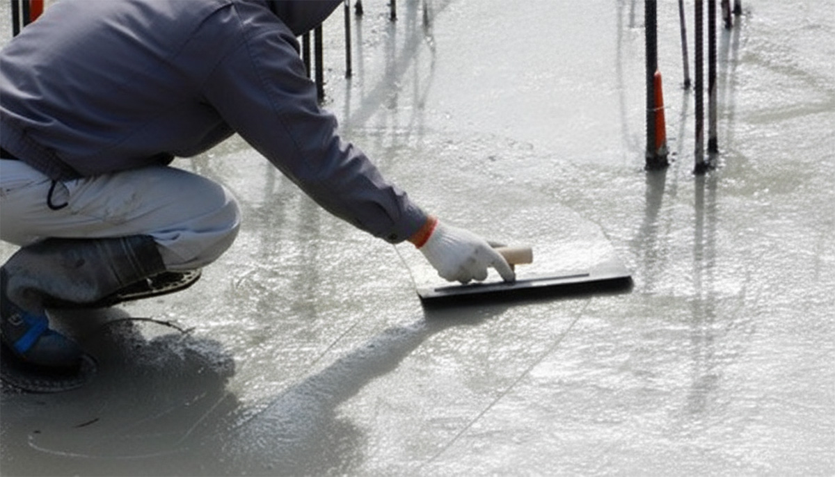 コンクリート土間打ちの仕上げ作業。職人がコテで表面を均している様子。