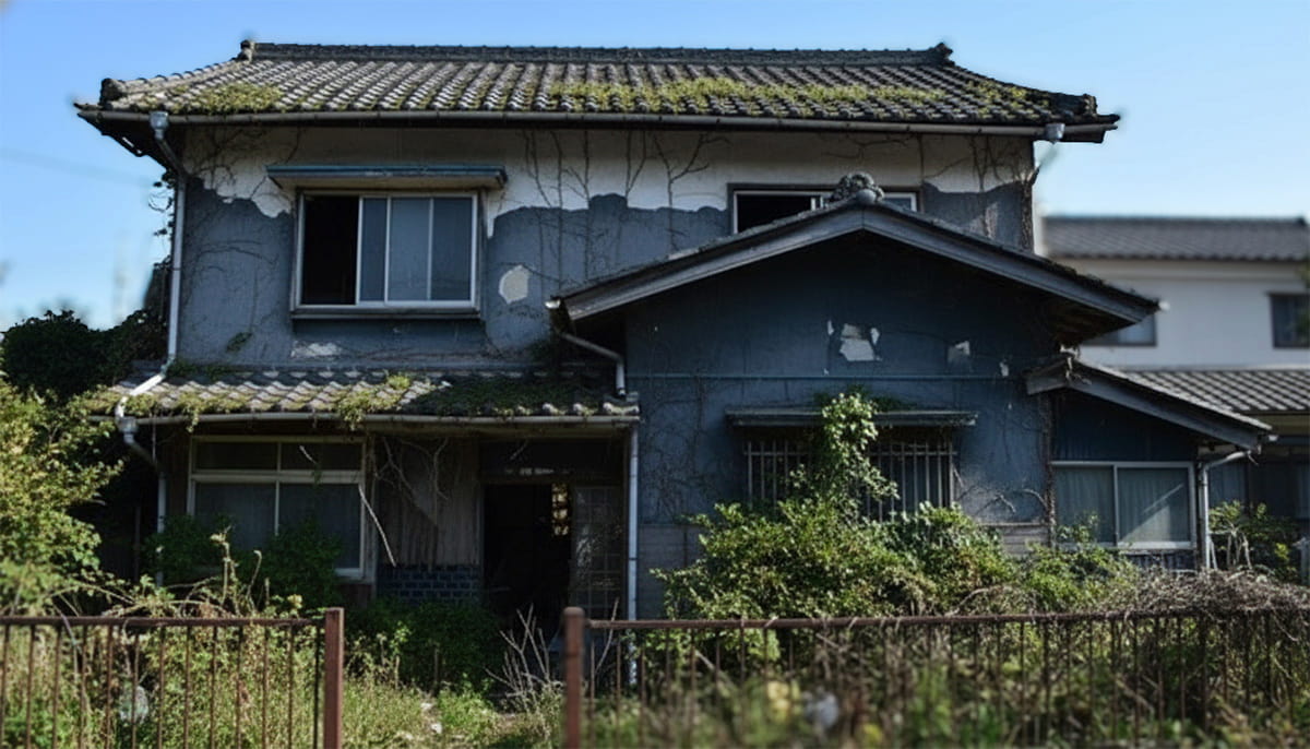 管理されていない空き家の外観。外壁の塗装が剥がれ、庭は雑草で覆われている