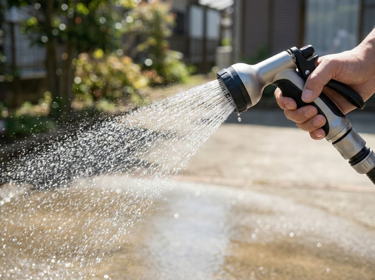 庭にホースで打ち水をして気化熱で涼しくする様子