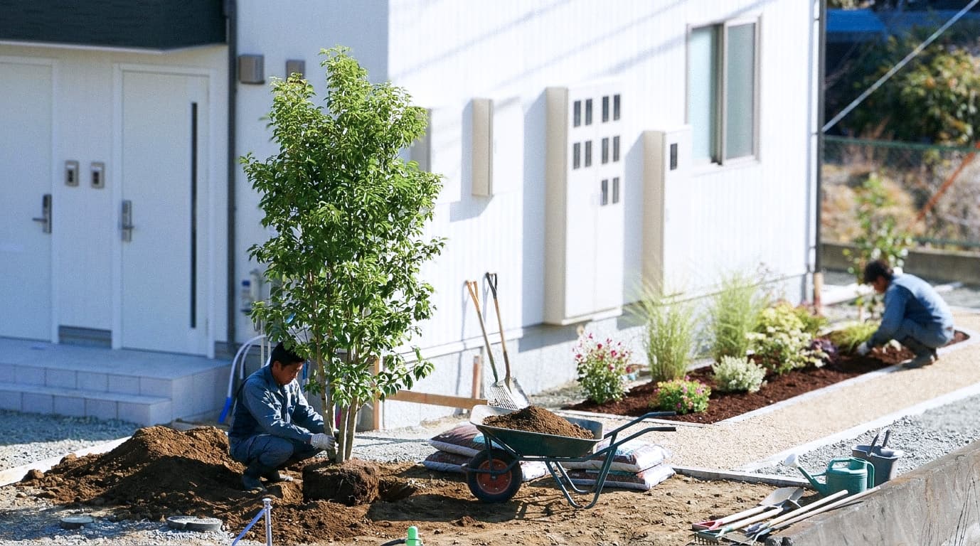 一戸建ての庭に暑さ対策や日よけとなるシンボルツリーを植栽する造園工事の様子