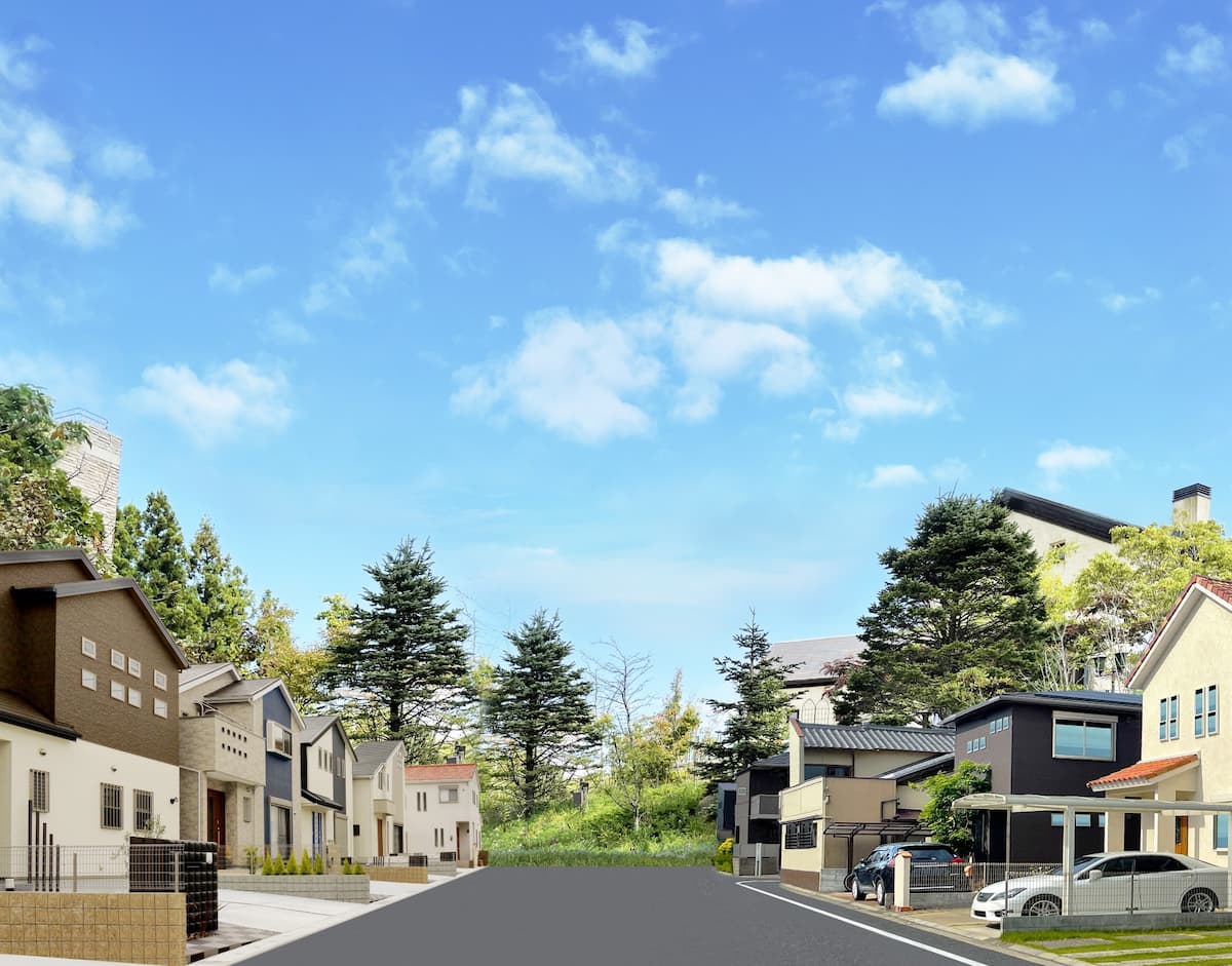 青空の下に広がる戸建て住宅街。土岐市など東濃エリアで住まいを支える林組の対応地域イメージ